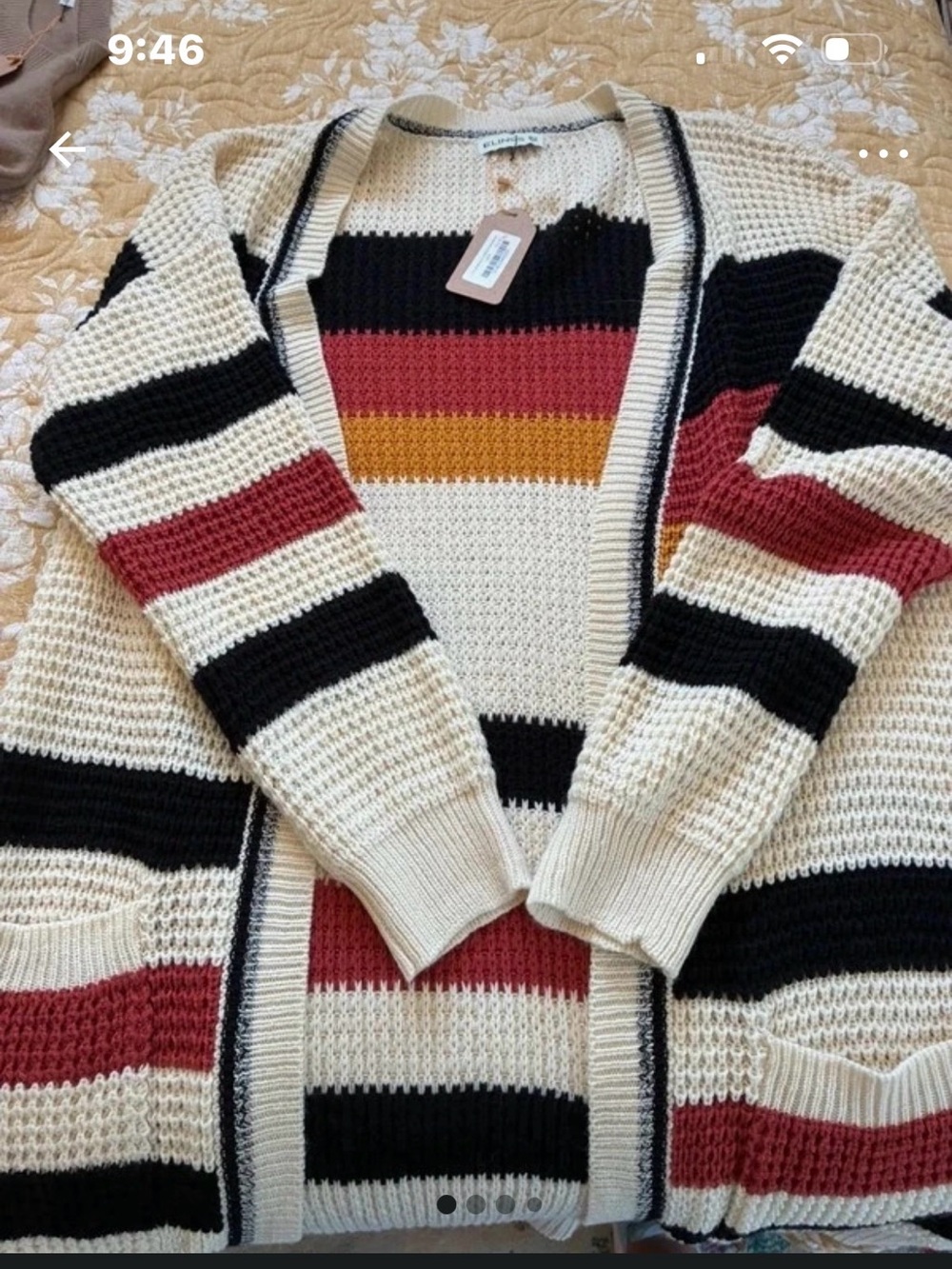 Striped Open-Front Knit Cardigan - Cream with Black, Red & Mustard Stripes